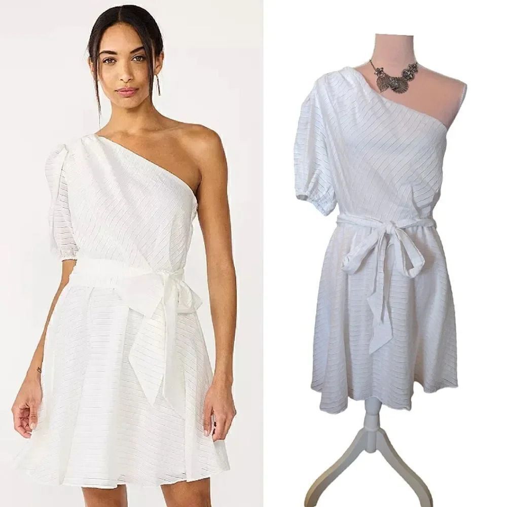 Nine West White Knight One Shoulder Fit and Flare Mini Dress XL Bridal Boho